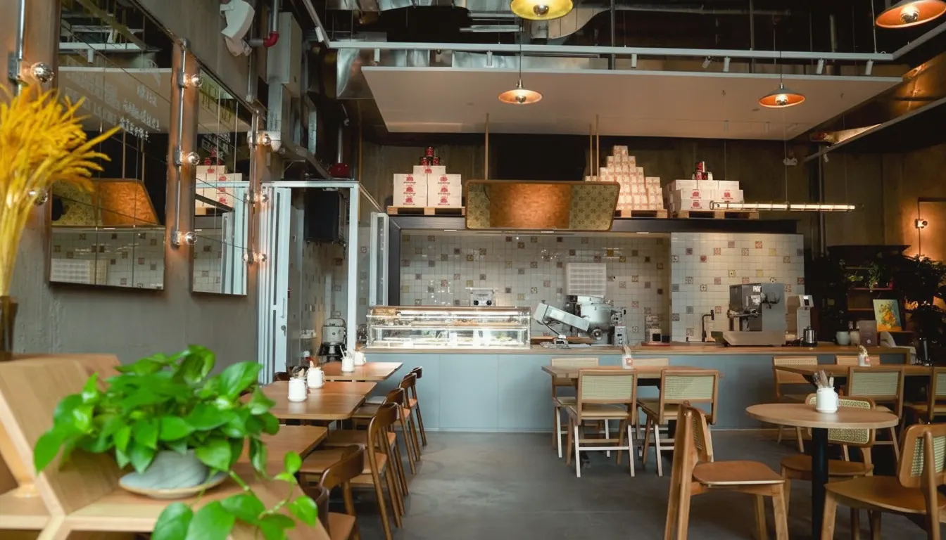 The JE&JO dining room, seating under warm light